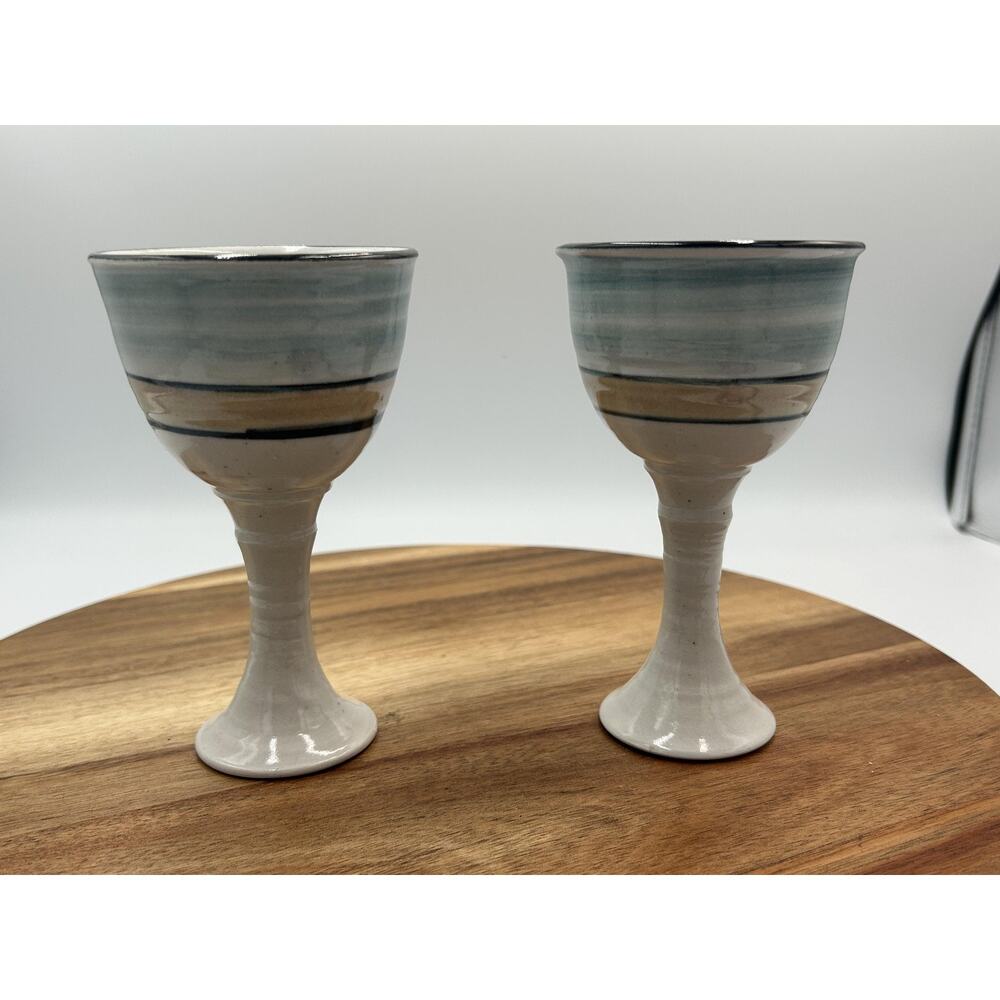 Hand Painted Ceramic Goblet Set 2pc Wine Rustic Country Striped Blue Beige